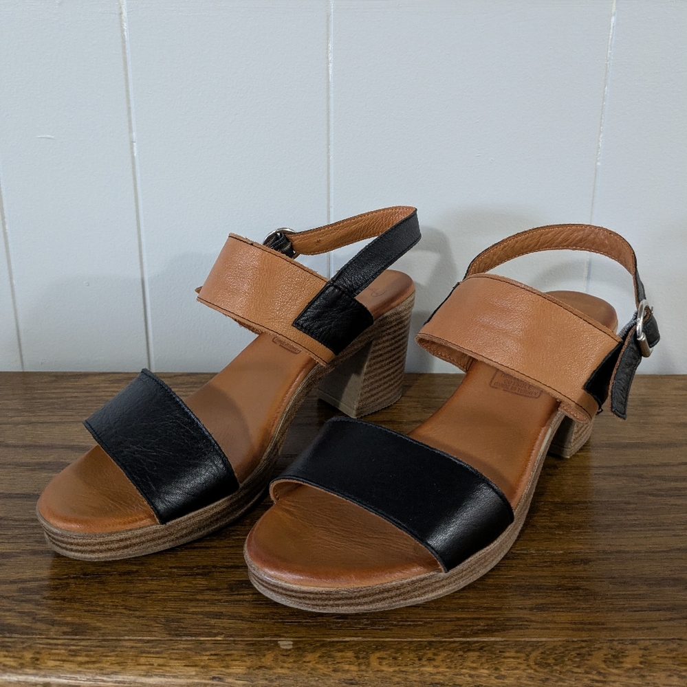 Rue 5850 Turkey Black and Tan Leather Sandals With Chunky Heel EU Size 41